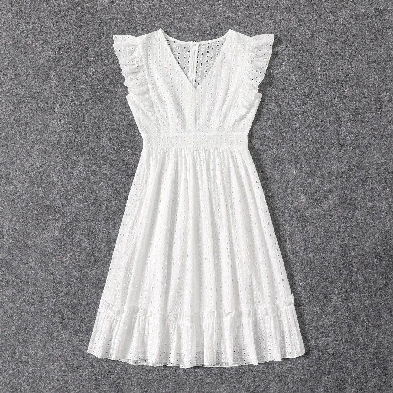 100% Cotton White Hollow-Out Floral Embroidered Ruffle Sleeveless Dress for Mom and Me White big image 1