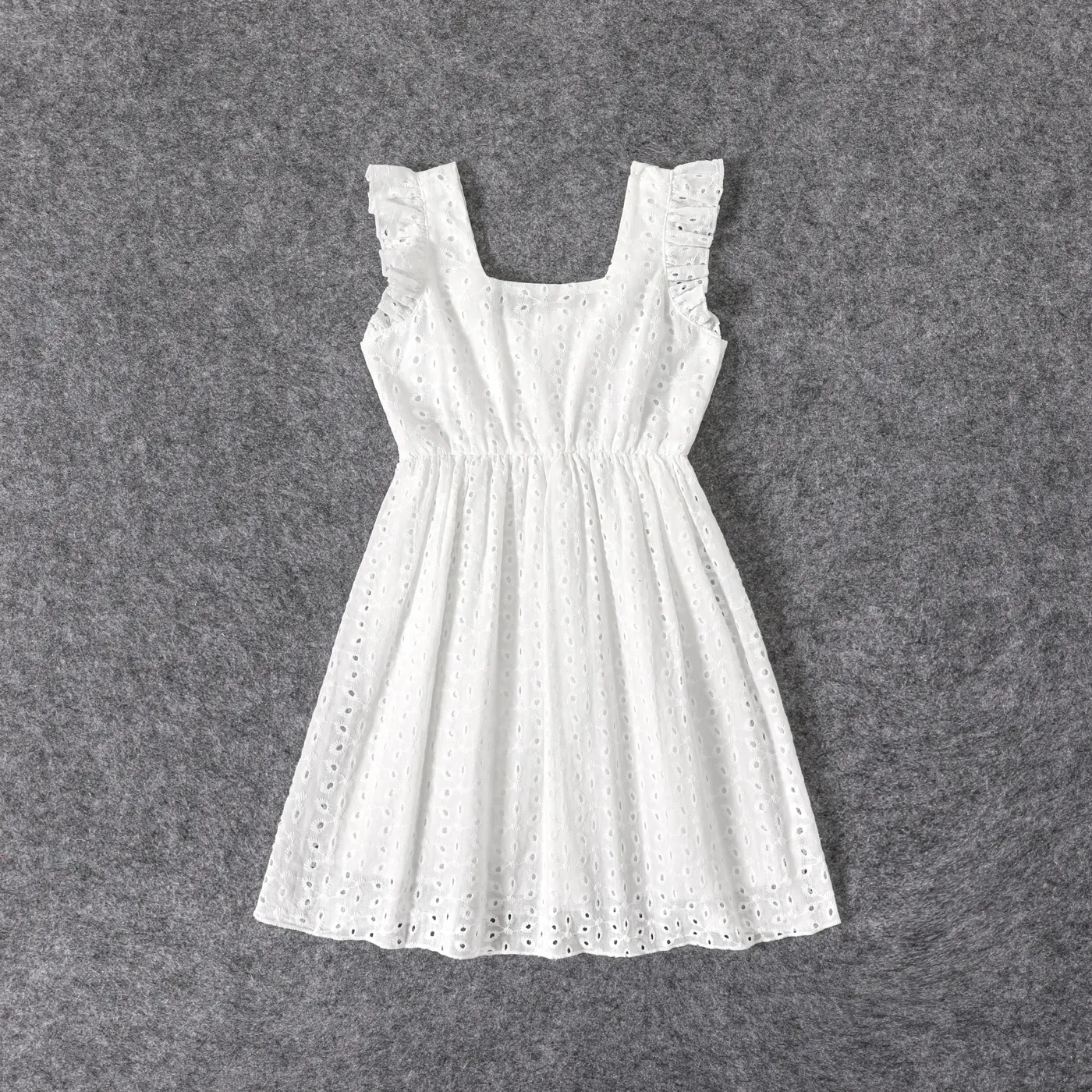 100% Cotton White Hollow-Out Floral Embroidered Ruffle Sleeveless Dress for Mom and Me  big image 12