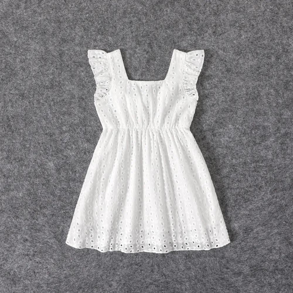100% Cotton White Hollow-Out Floral Embroidered Ruffle Sleeveless Dress for Mom and Me  big image 1