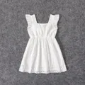 100% Cotton White Hollow-Out Floral Embroidered Ruffle Sleeveless Dress for Mom and Me  image 1