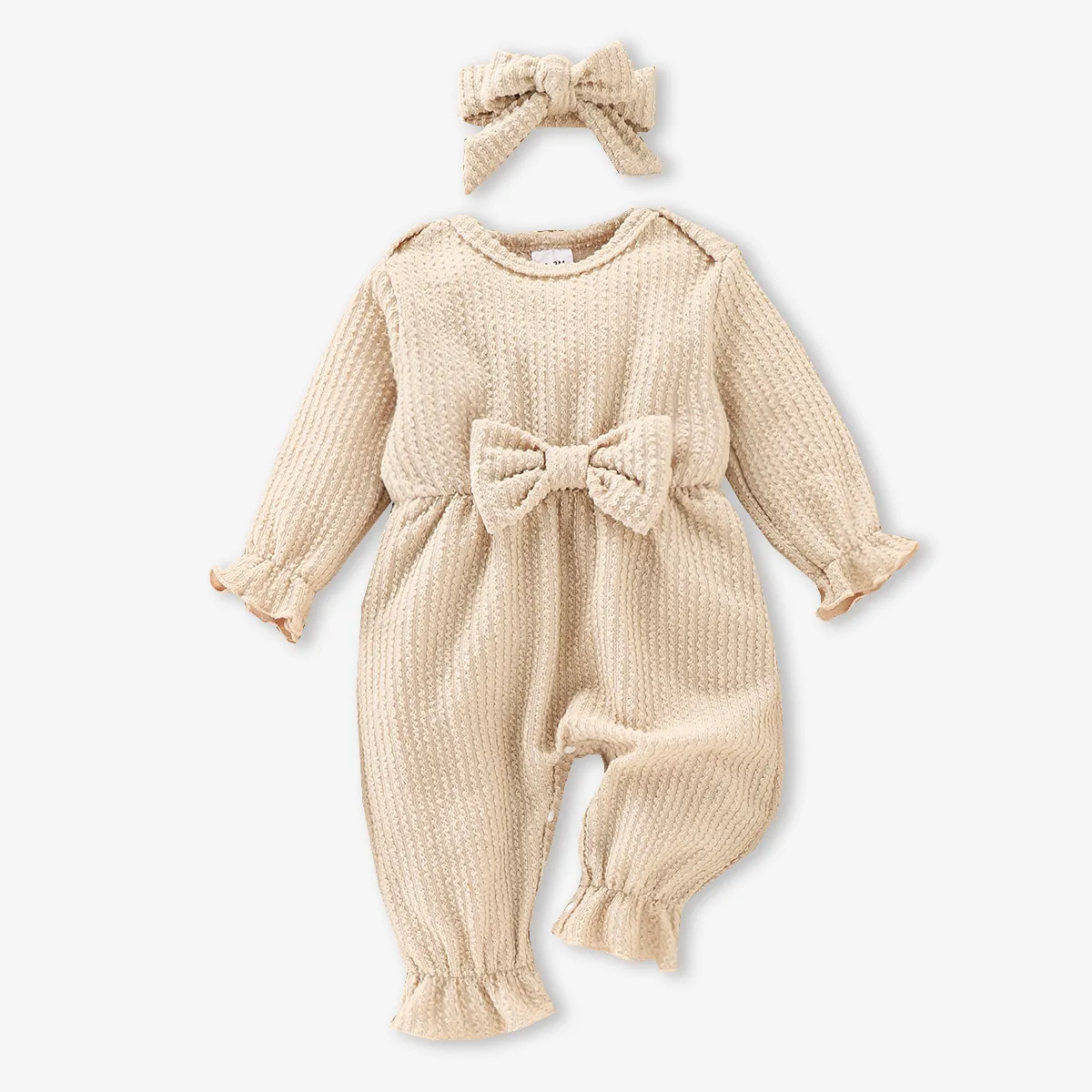2pcs Baby Girl 100% Cotton Solid Ribbed Long-sleeve Bowknot Ruffle Jumpsuit and Headband Set  Apricot big image 1