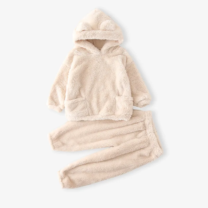 2-piece Toddler Girl/Boy Ear Design Fuzzy Hoodie Sweatshirt and Pants Beige big image 1