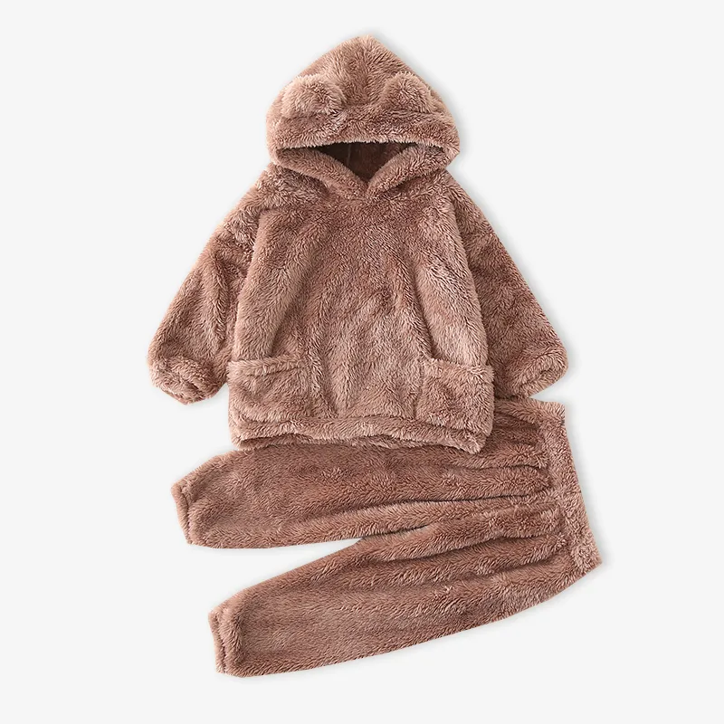2-piece Toddler Girl/Boy Ear Design Fuzzy Hoodie Sweatshirt and Pants Coffee