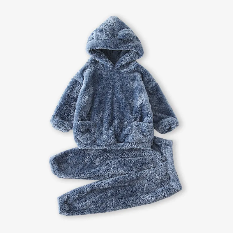 2-piece Toddler Girl/Boy Ear Design Fuzzy Hoodie Sweatshirt and Pants Blue