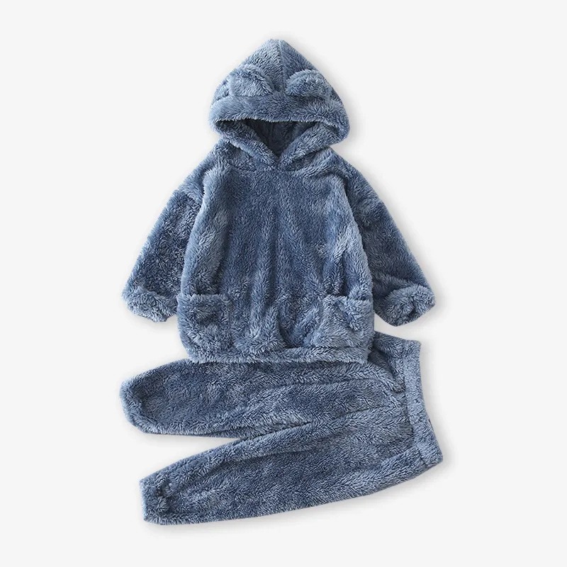 2-piece Toddler Girl/Boy Ear Design Fuzzy Hoodie Sweatshirt and Pants Blue big image 1