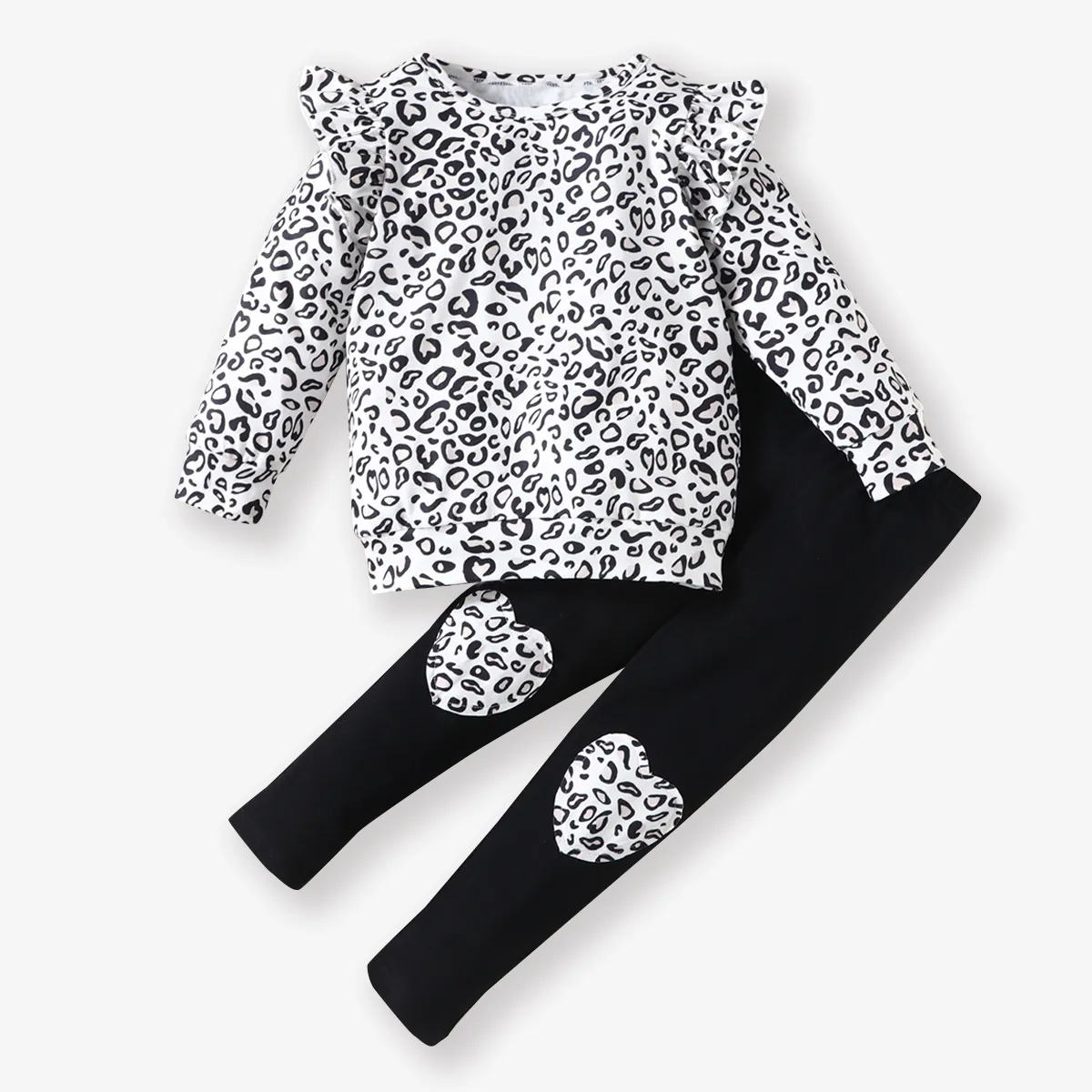 2-piece Toddler Girl Leopard Print Flutter Long-sleeve Top and Heart Pattern Pants Set  big image 1