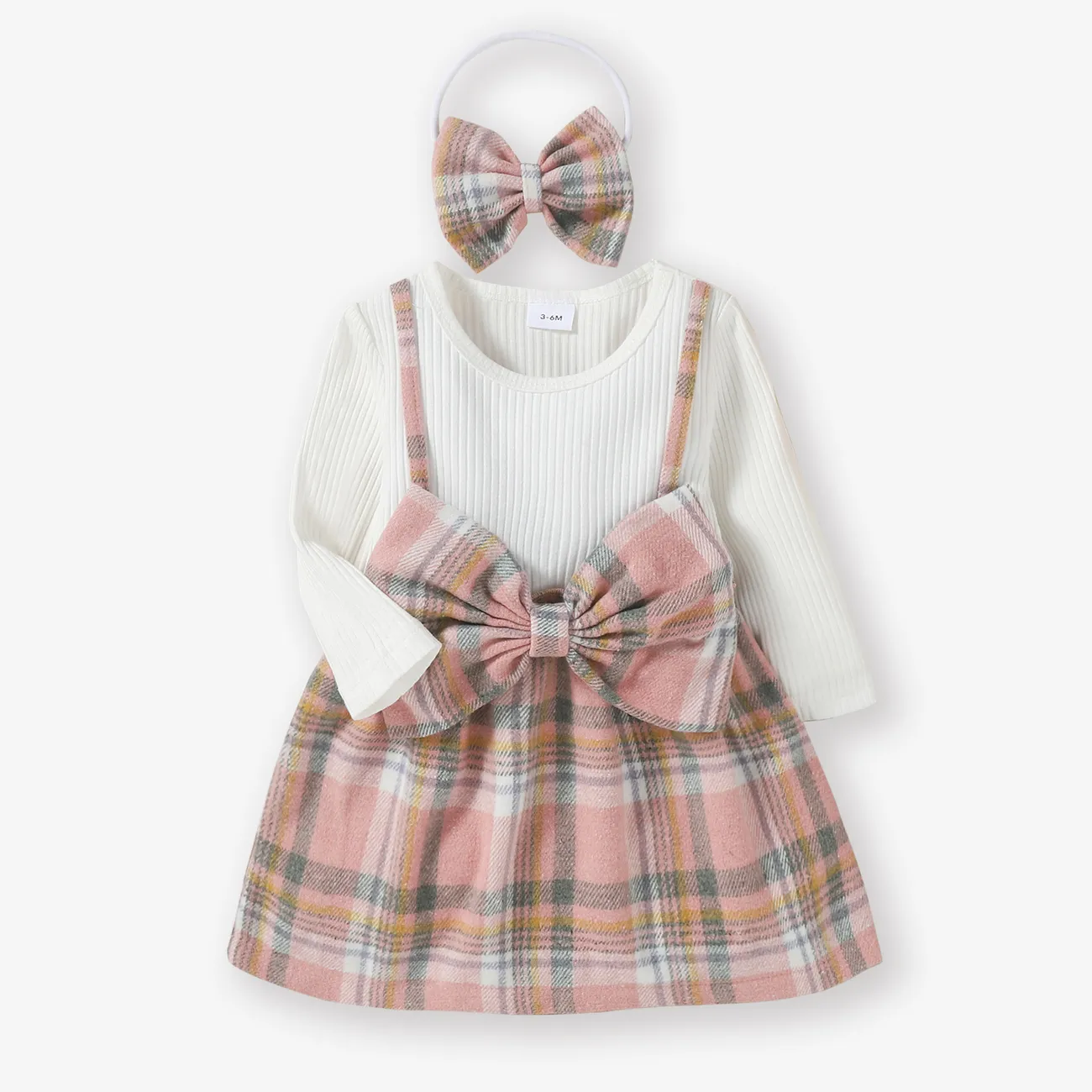 طفل 2 قطعة أبيض مضلع الربط الوردي منقوشة bowknot طويلة الأكمام فو اثنين اللباس مجموعة وردي فاتح big image 1
