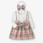 Baby 2pcs White Ribbed Splicing Pink Plaid Bowknot Long-sleeve Faux-two Dress Set Light Pink