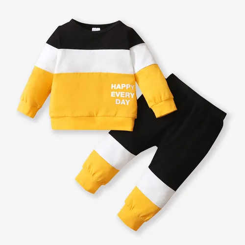 2pcs Baby Boy 95% Cotton Long-sleeve Letter Print Colorblock Sweatshirt and Pants Set