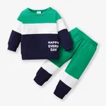 2pcs Baby Boy 95% Cotton Long-sleeve Letter Print Colorblock Sweatshirt and Pants Set Green