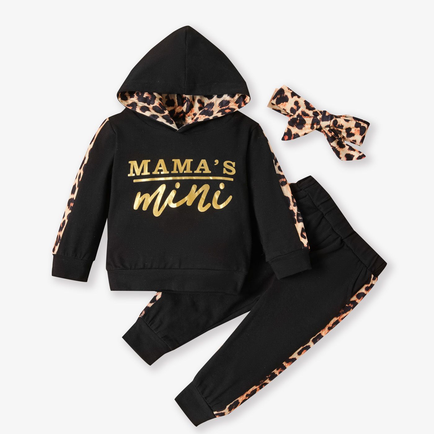 100% Cotton 3pcs Leopard and Letter Print Hooded Long-sleeve Baby Set