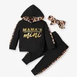 100% Cotton 3pcs Leopard and Letter Print Hooded Long-sleeve Baby Set Black