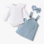 3pcs Baby Girl 95% Cotton Ribbed Long-sleeve Romper and Solid Suspender Dress with Headband Set Light Blue