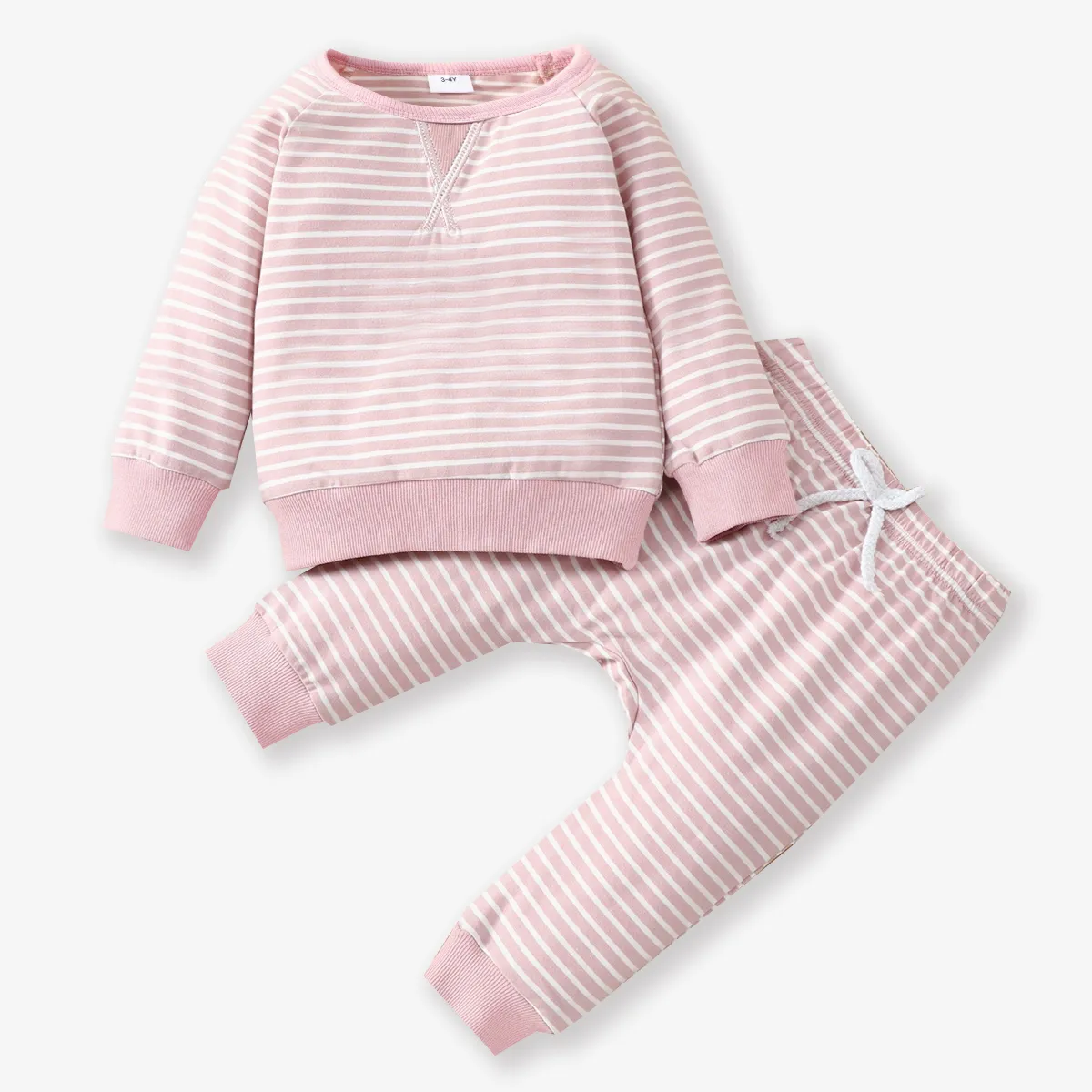 2pcs Baby 95% Cotton Long-sleeve All Over Striped Pullover and Trousers Set Pink