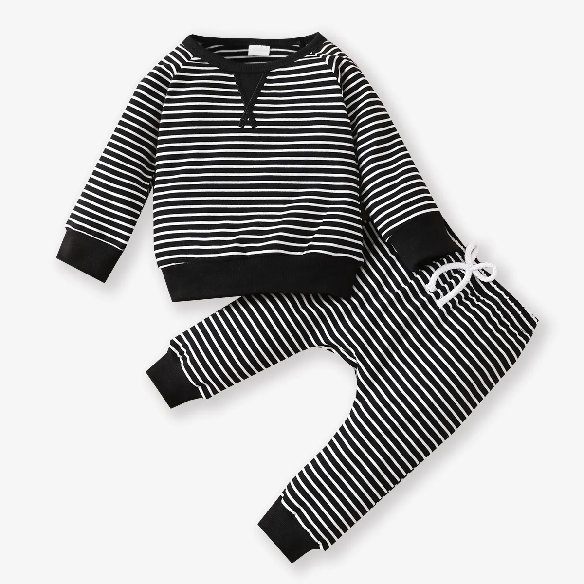 2pcs Baby 95% Cotton Long-sleeve All Over Striped Pullover and Trousers Set Black big image 1