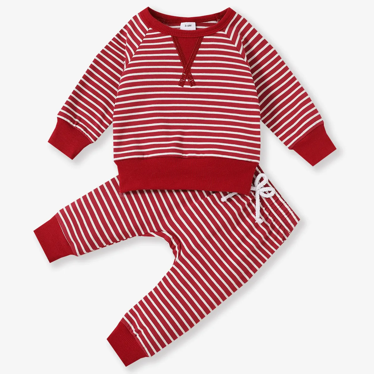 2pcs Baby 95% Cotton Long-sleeve All Over Striped Pullover and Trousers Set Red