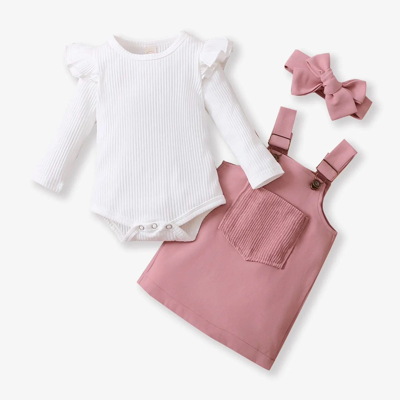 3pcs Baby Girl 95% Cotton Ribbed Long-sleeve Romper and Solid Suspender Dress with Headband Set Pink big image 1