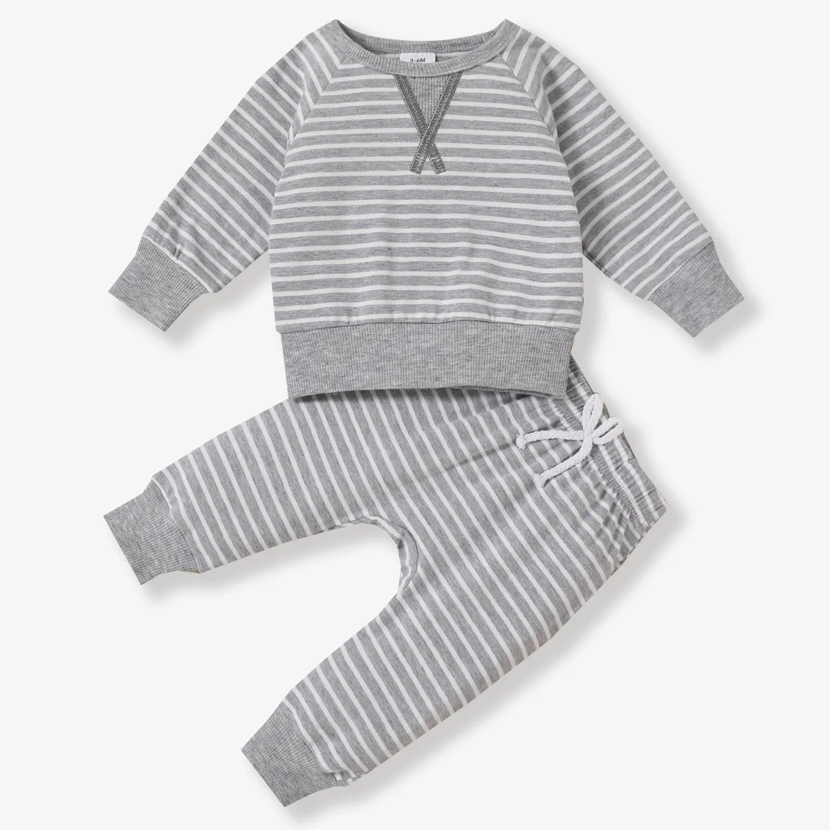 2pcs Baby 95% Cotton Long-sleeve All Over Striped Pullover and Trousers Set Light Grey