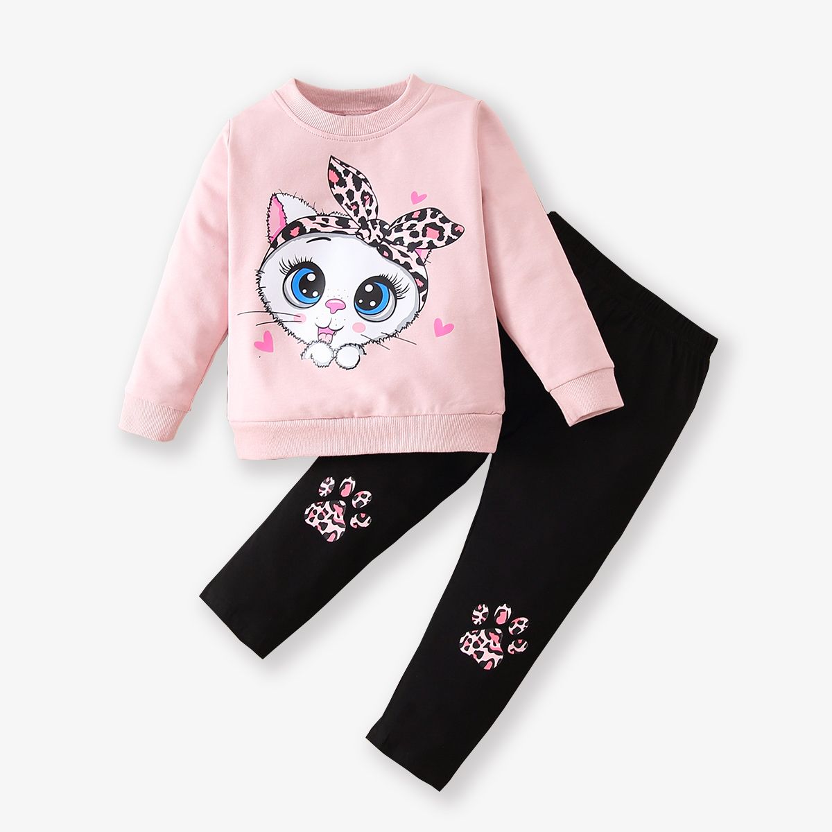 2-piece Toddler Girl Cat Print Pullover Sweatshirt and Leopard Print Pants Set