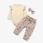 Ribbed 3pcs Floral Print Ruffle Decor Long-sleeve Baby Set Khaki