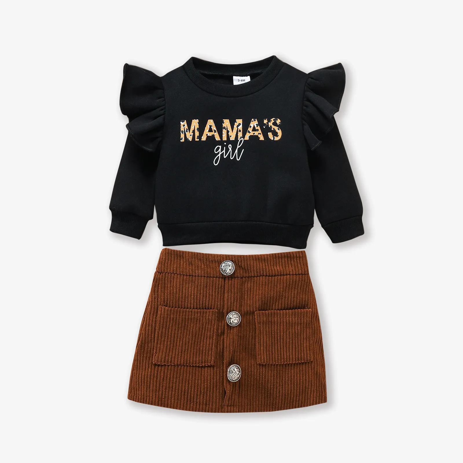 3pcs Letter Print Long-sleeve Ribbed Baby Set Black big image 1