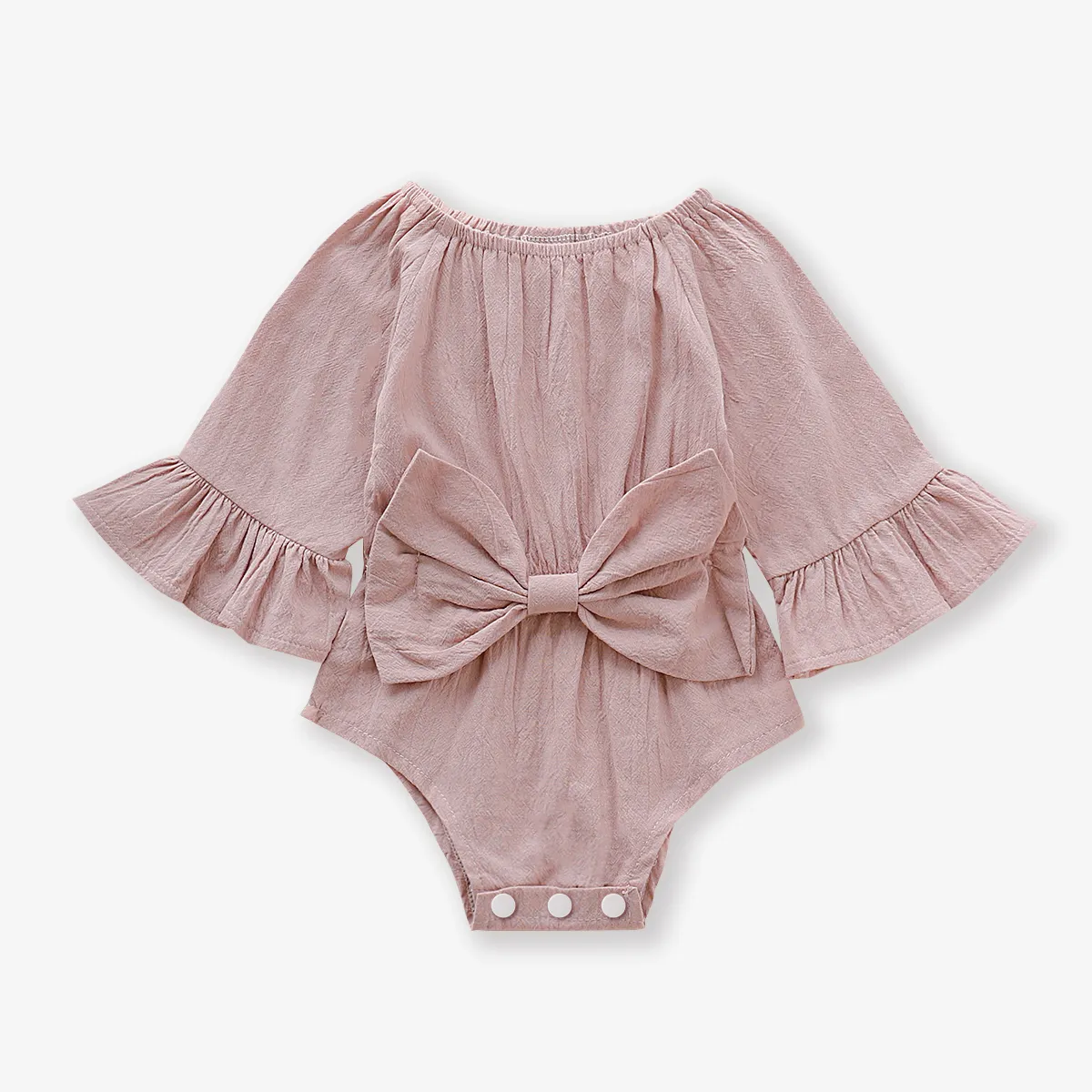 100% Cotton Solid Bowknot Decor Long-sleeve Baby Romper