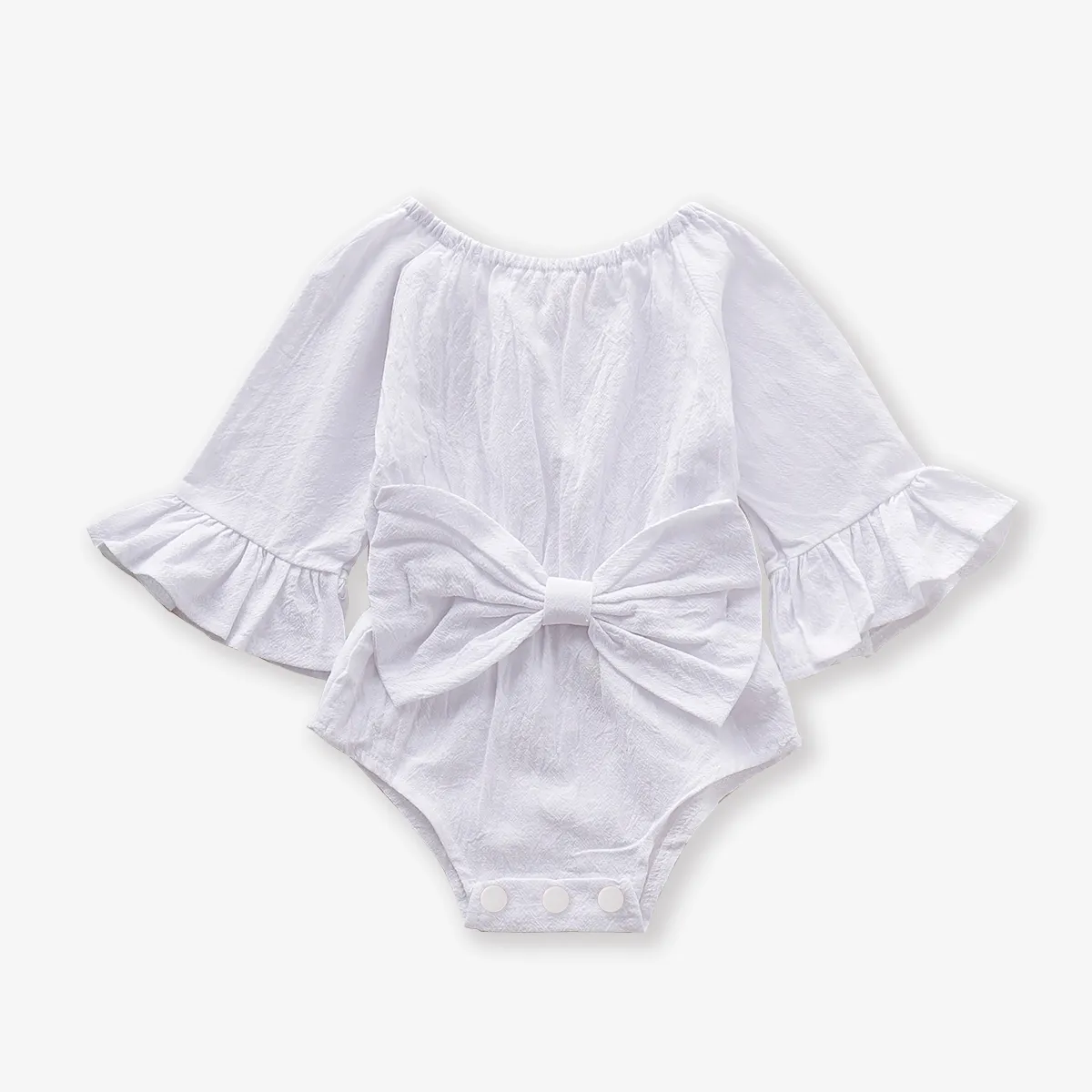 100% Cotton Solid Bowknot Decor Long-sleeve Baby Romper White big image 1