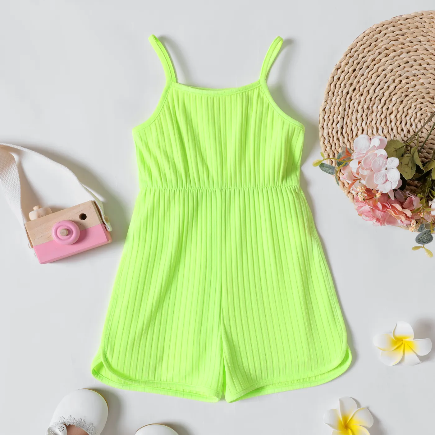 Toddler Girl Solid Color Ribbed Cami Rompers  big image 1