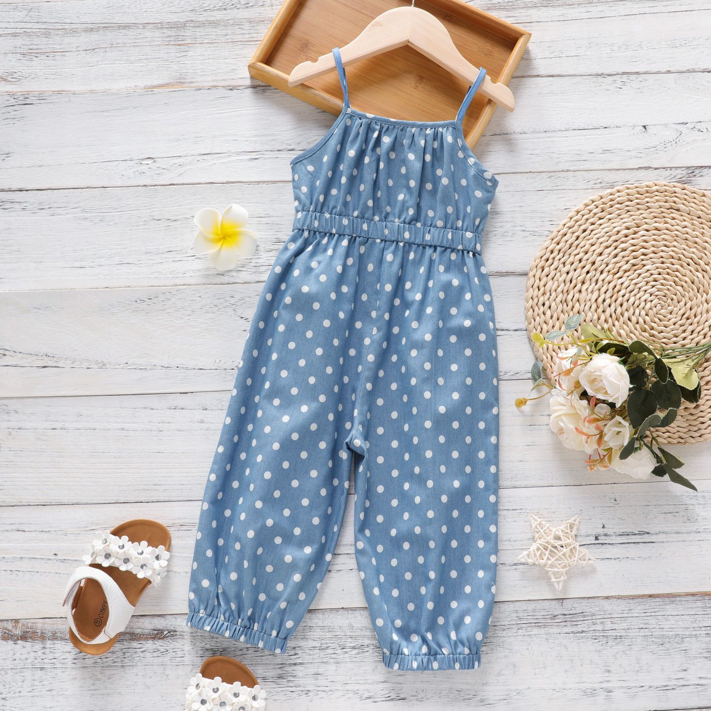 Toddler Girl Polka Dots Pattern Denim Cami Jumpsuit/ Handbag/ Sandals