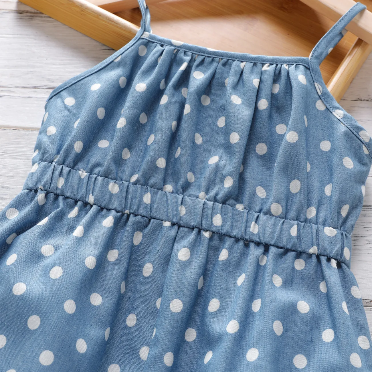 Toddler Girl Polka dots Bowknot Design Denim Cami Jumpsuits Blue big image 1