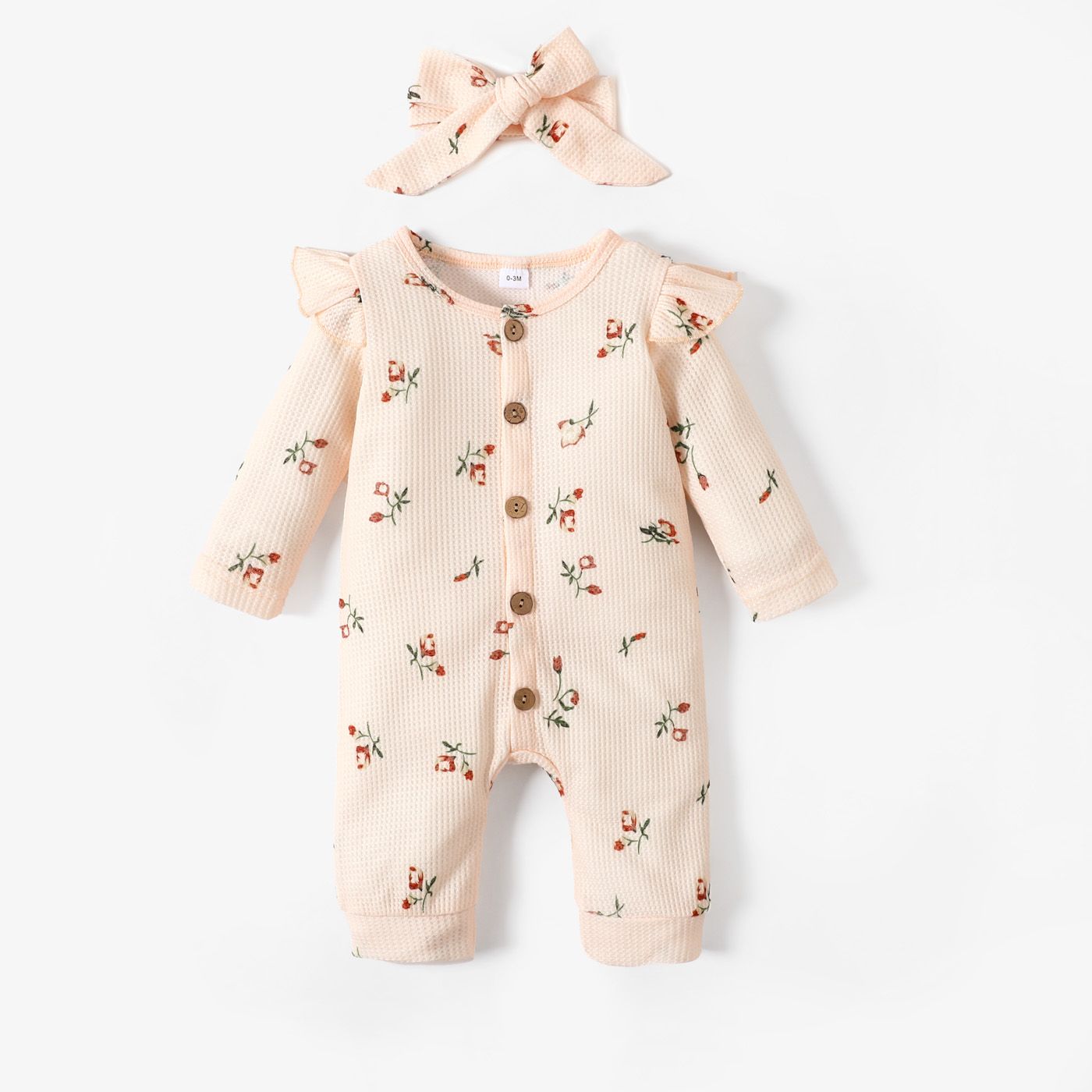 2pcs Baby Girl 95% Cotton Long-sleeve Floral Print Ruffle Button Up Waffle Jumpsuit With Headband Set