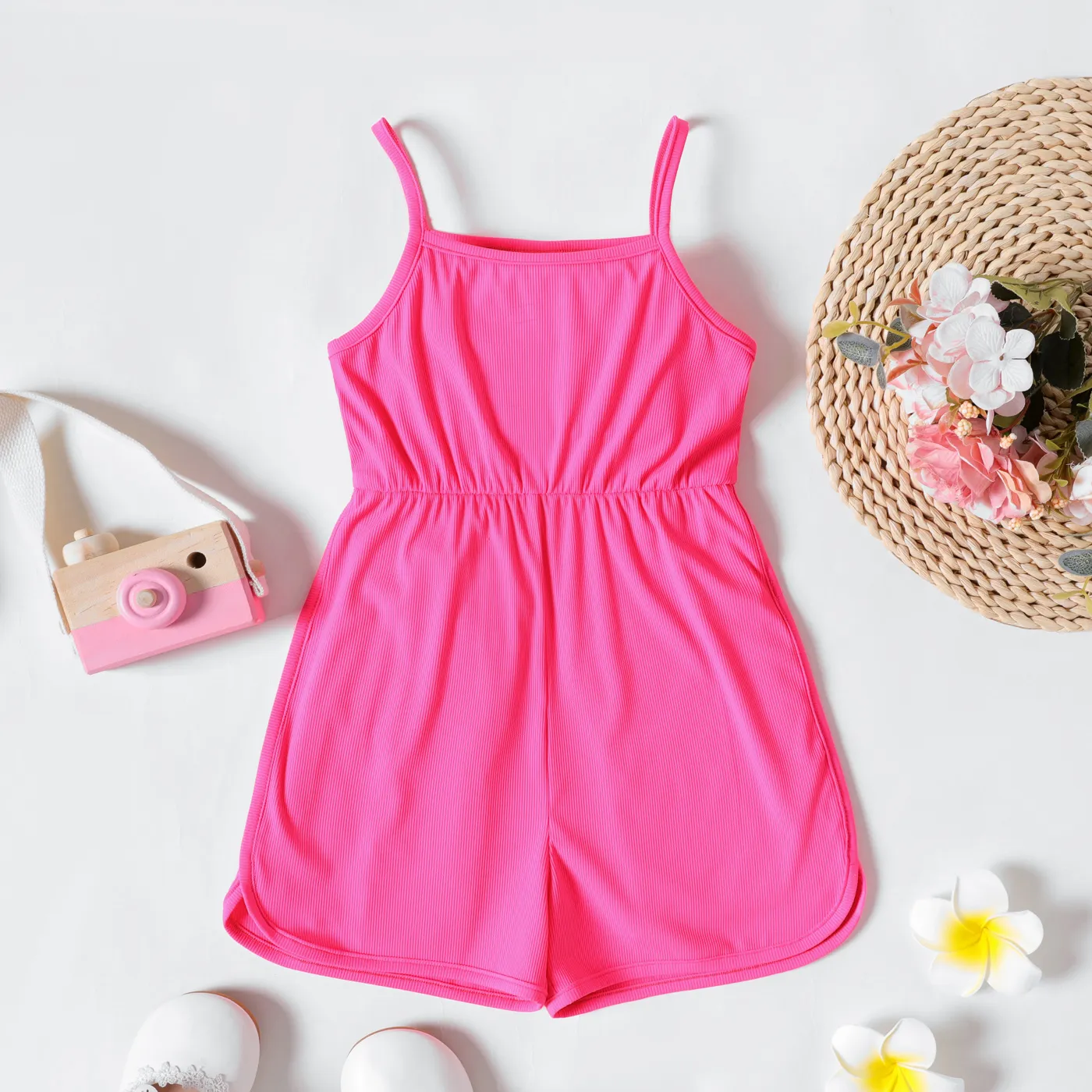 Toddler Girl Solid Color Ribbed Cami Rompers LF