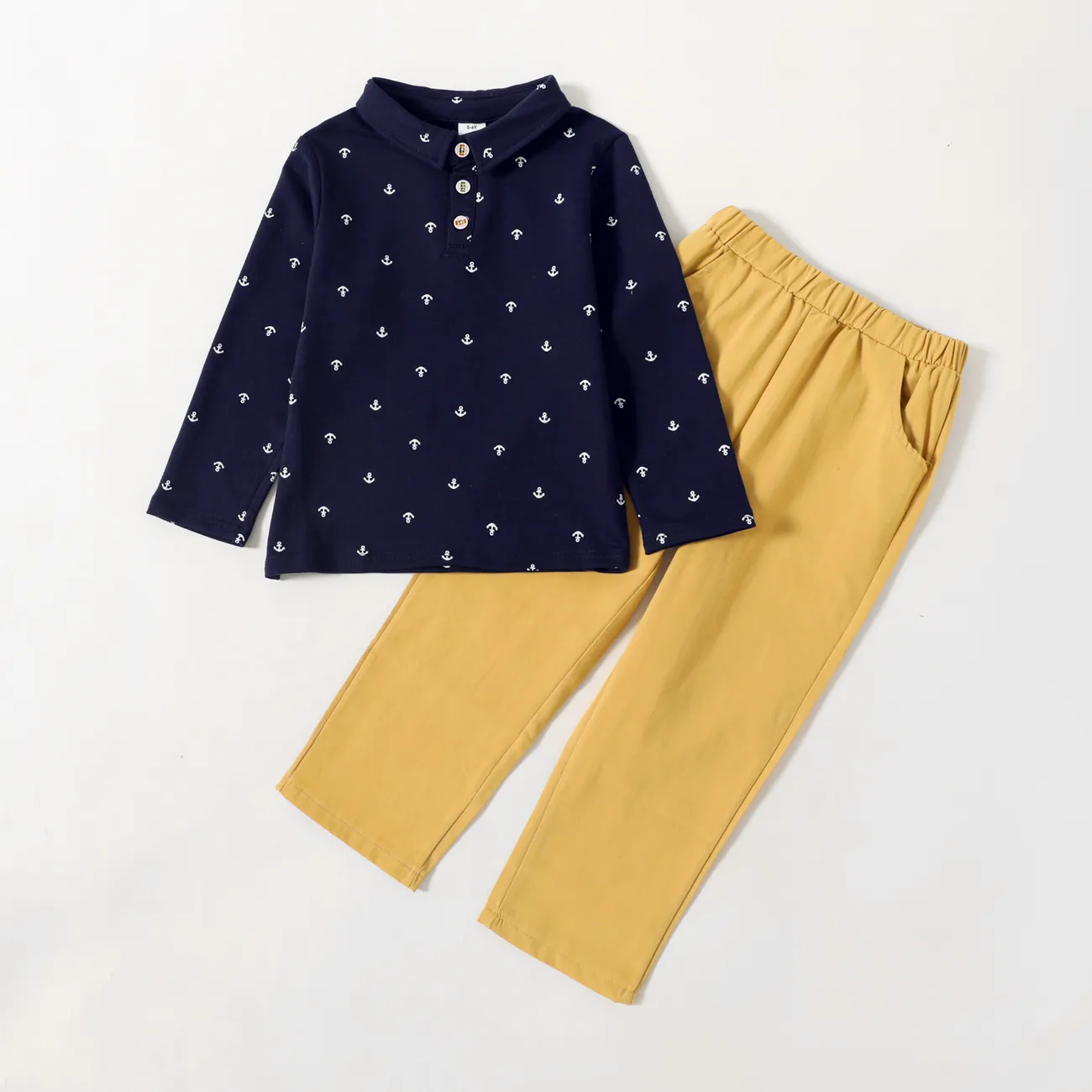 Casual Polo Collar Anchor Patterned Top and Solid Pants Set for Toddler Boy Navy big image 1
