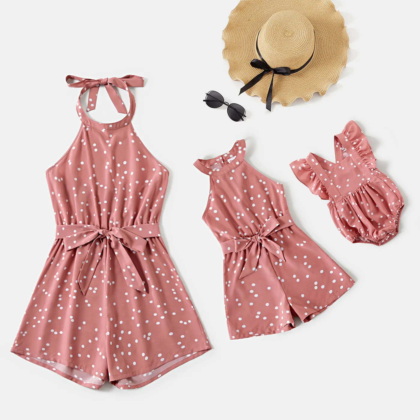 Polka Dots Pink Halter Neck Sleeveless Belted Romper for Mom and Me