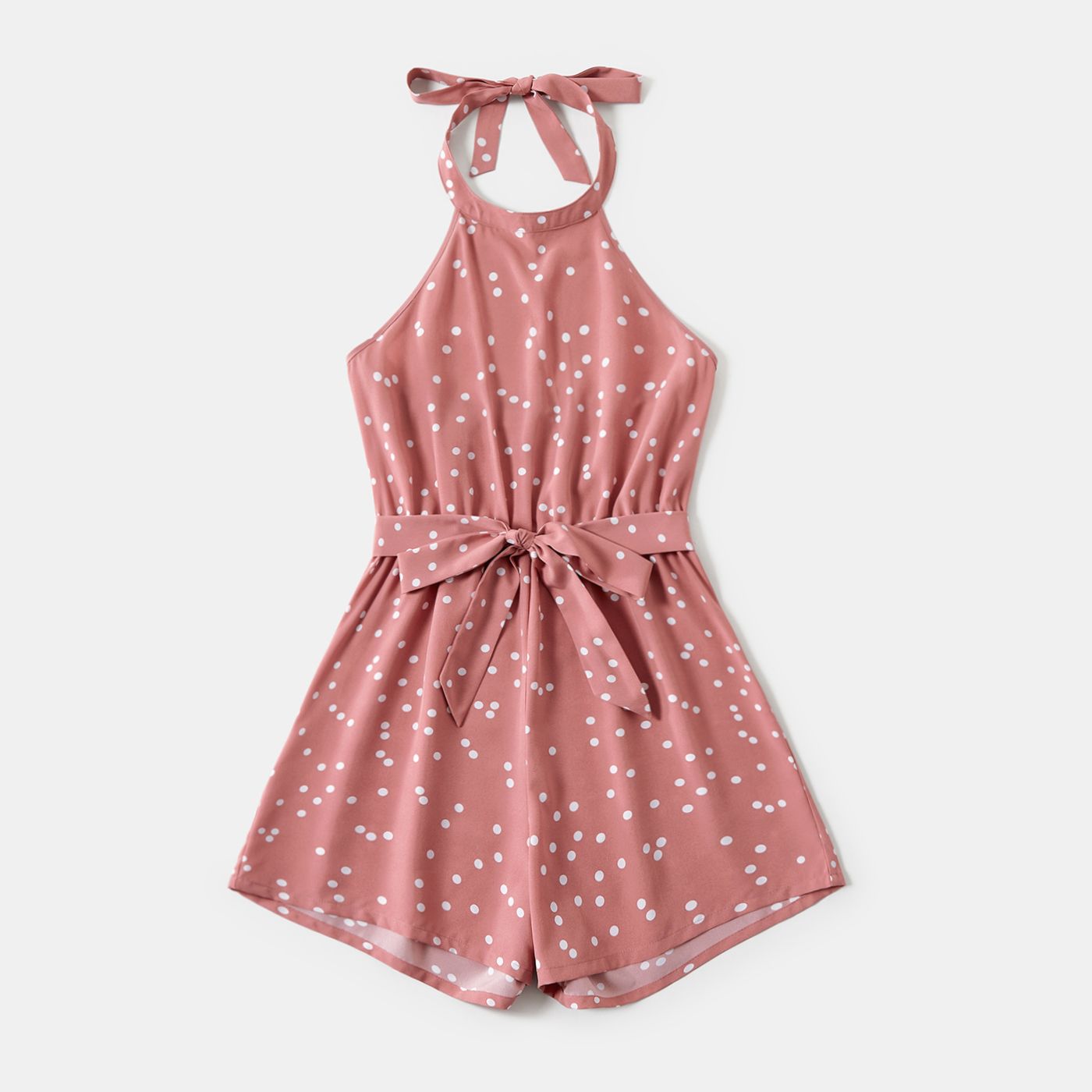 Polka Dots Pink Halter Neck Sleeveless Belted Romper For Mom And Me