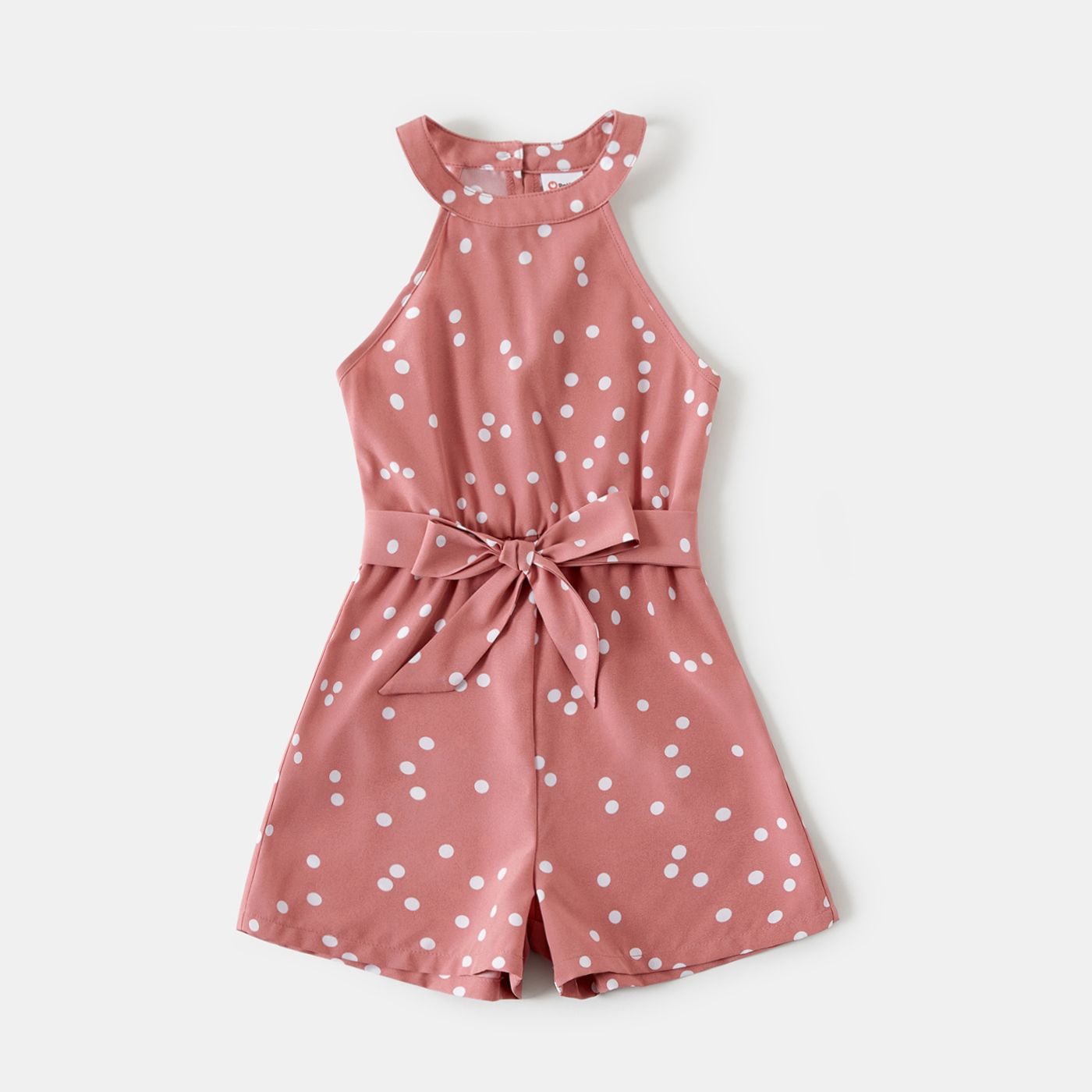 Polka Dots Pink Halter Neck Sleeveless Belted Romper for Mom and Me
