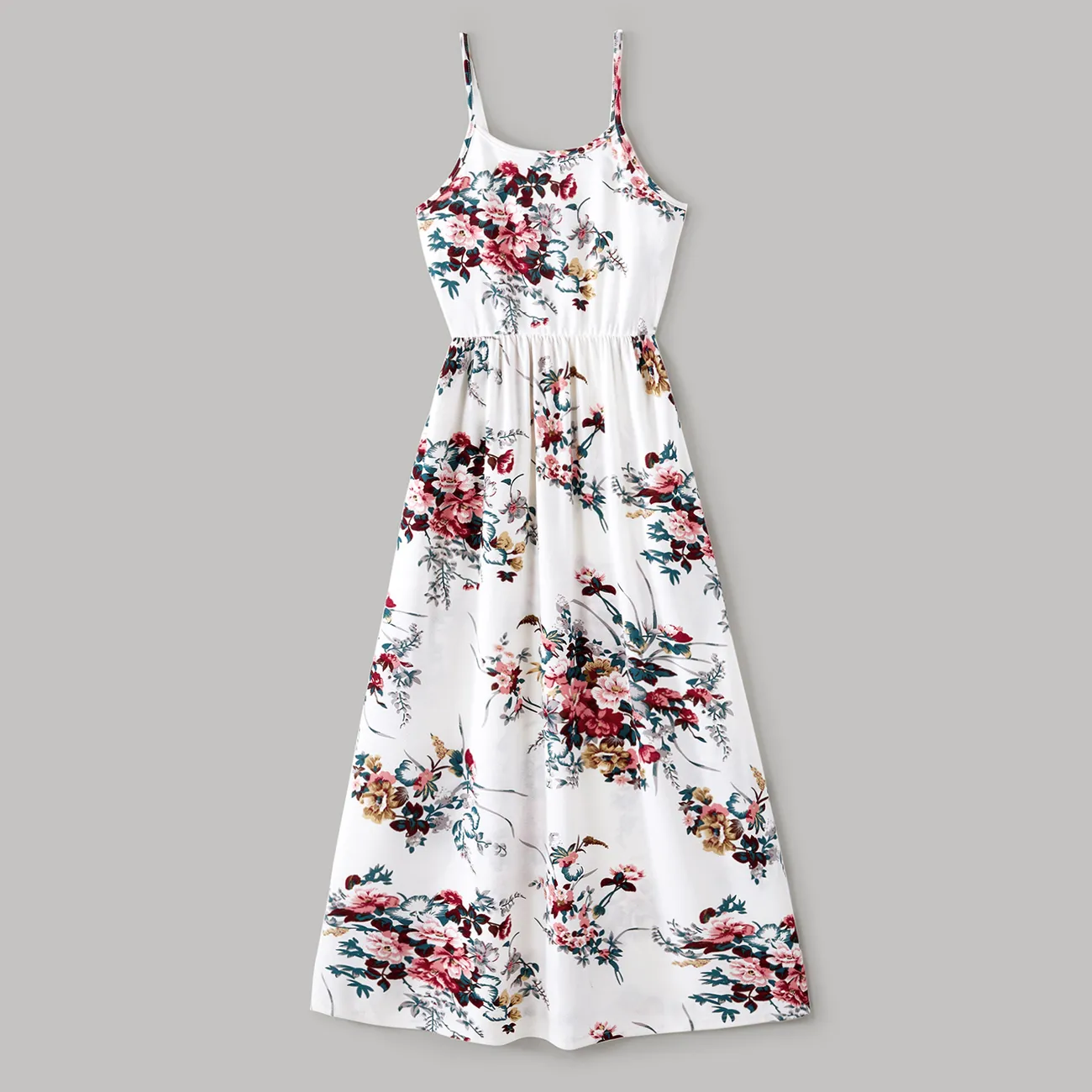 Family Matching All Over Floral Print Spaghetti Strap Dresses and Colorblock Short-sleeve T-shirts Sets White big image 1