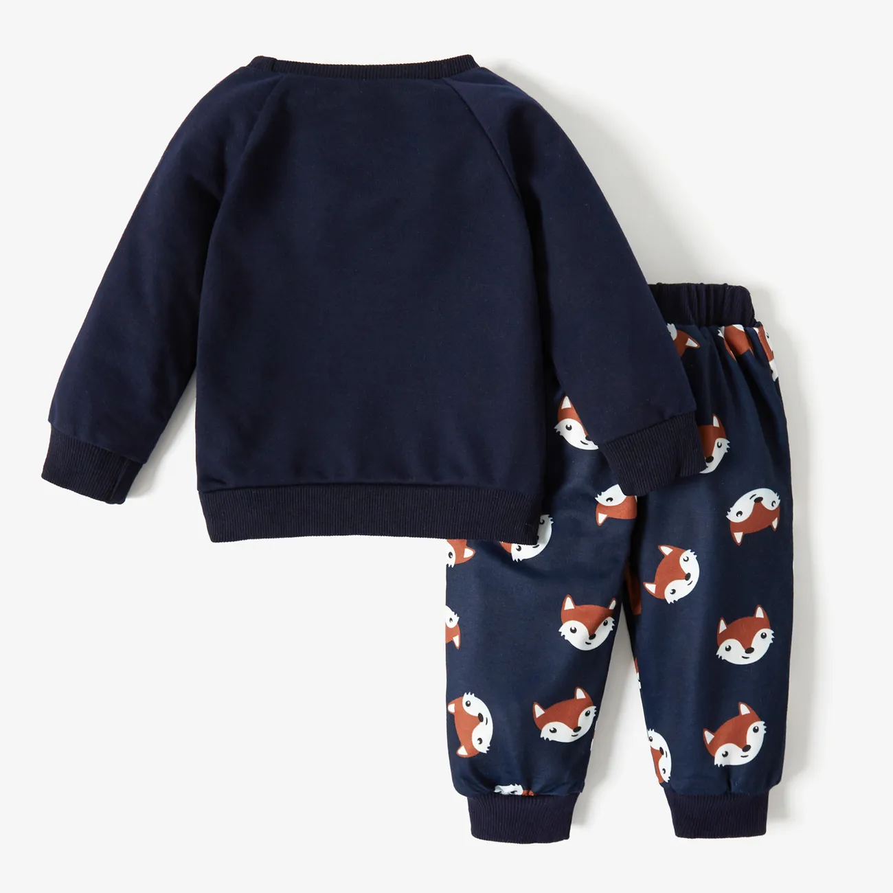 2pcs Cartoon Fox Pattern Navy Baby Long-sleeve Cotton Pullover and Pants Set Navy big image 1