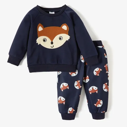 Conjunto de calças e pulôver de algodão de manga comprida para bebê com padrão de raposa de desenho animado 2pcs