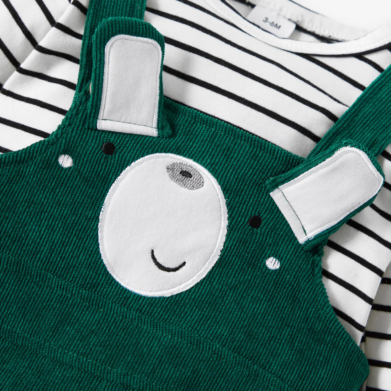 2pcs Baby Cartoon Bear 3D Ears Overalls and Striped Long-sleeve T-shirt Set Dark Green big image 1