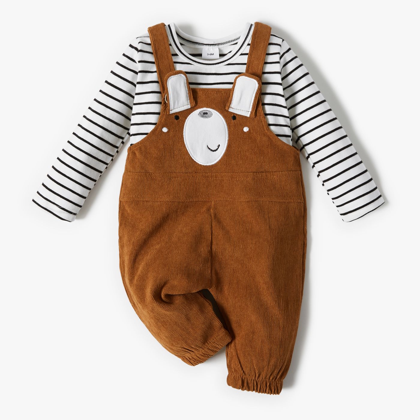 2pcs Baby Cartoon Bear 3D Ears Overalls And Striped Long-sleeve T-shirt Set
