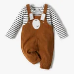 2pcs Baby Cartoon Bear 3D Ears Overalls and Striped Long-sleeve T-shirt Set Khaki