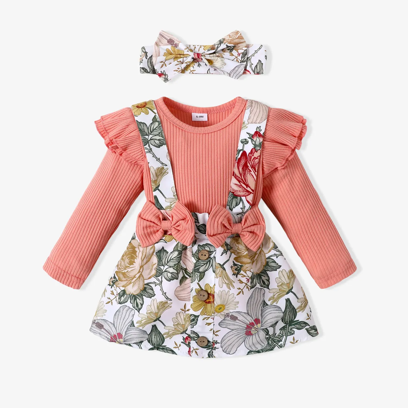 2pcs Baby Floral Print Ribbed Ruffle Long-sleeve Faux-two Romper Dress Set Pink big image 1