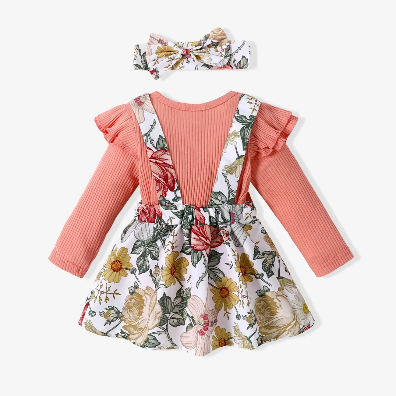 2pcs Baby Floral Print Ribbed Ruffle Long-sleeve Faux-two Romper Dress Set Pink big image 1
