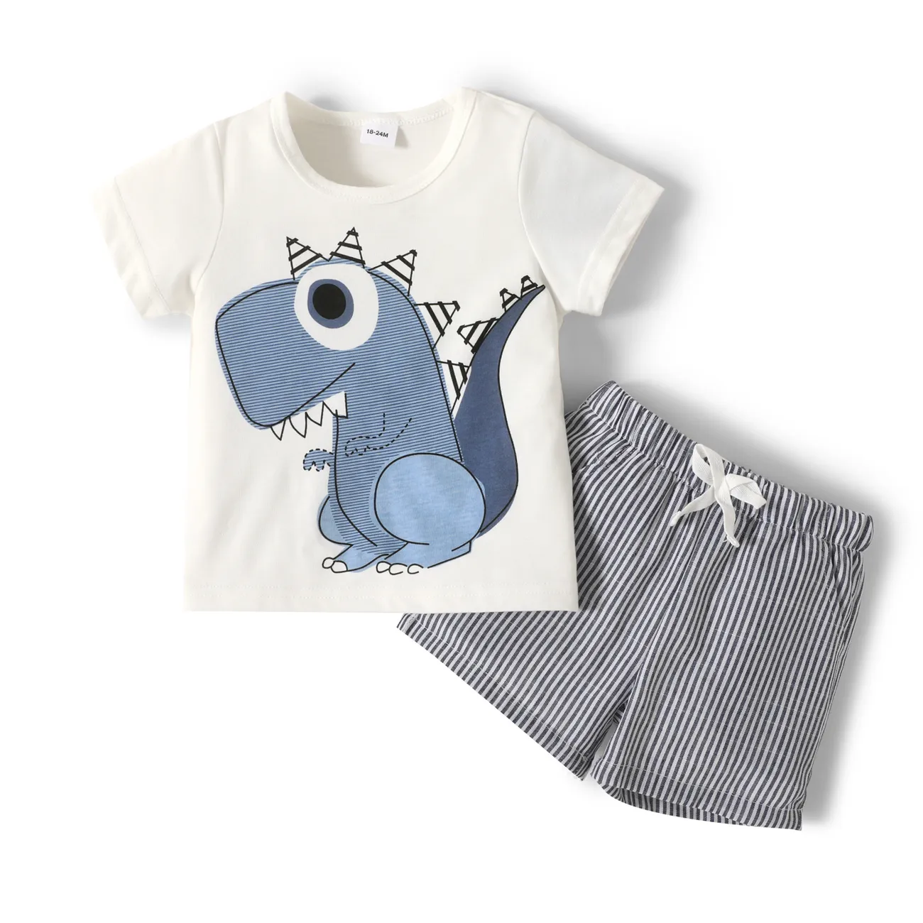 2pcs Toddler Boy Playful Dinosaur Print Tee & Stripe Shorts Set Multi-color big image 1