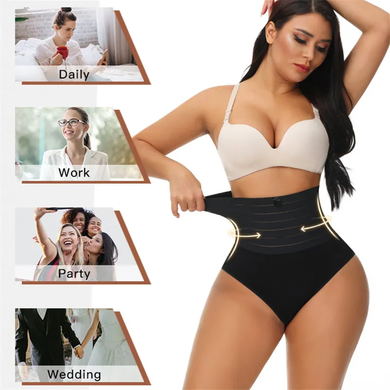 Tanga feminina modelador de bumbum listrado modelador de barriga mais fino cintura alta modelador de corpo roupa íntima Preto big image 1