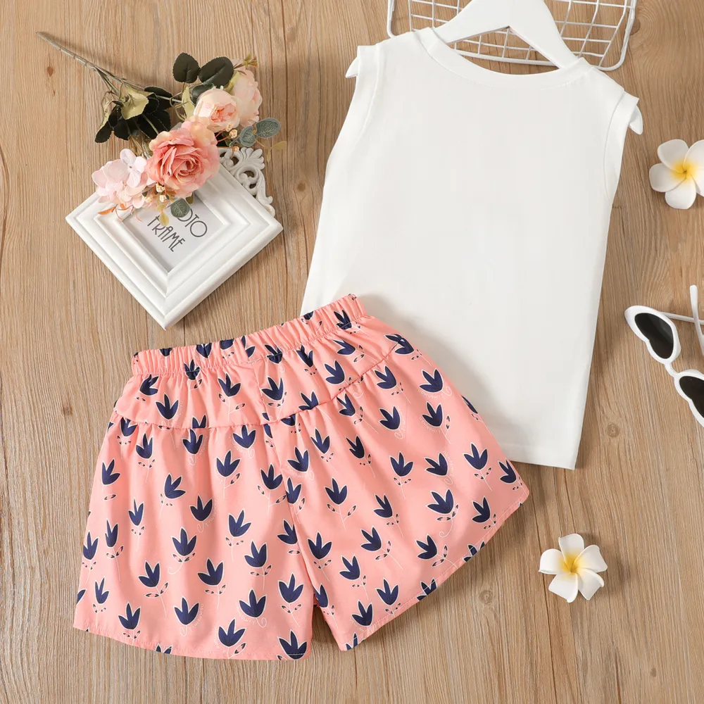 2pcs Kid Girl Bowknot Design Sleeveless Tee and Allover Print Shorts Set big image 2