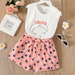 2pcs Kid Girl Bowknot Design Sleeveless Tee and Allover Print Shorts Set Pink