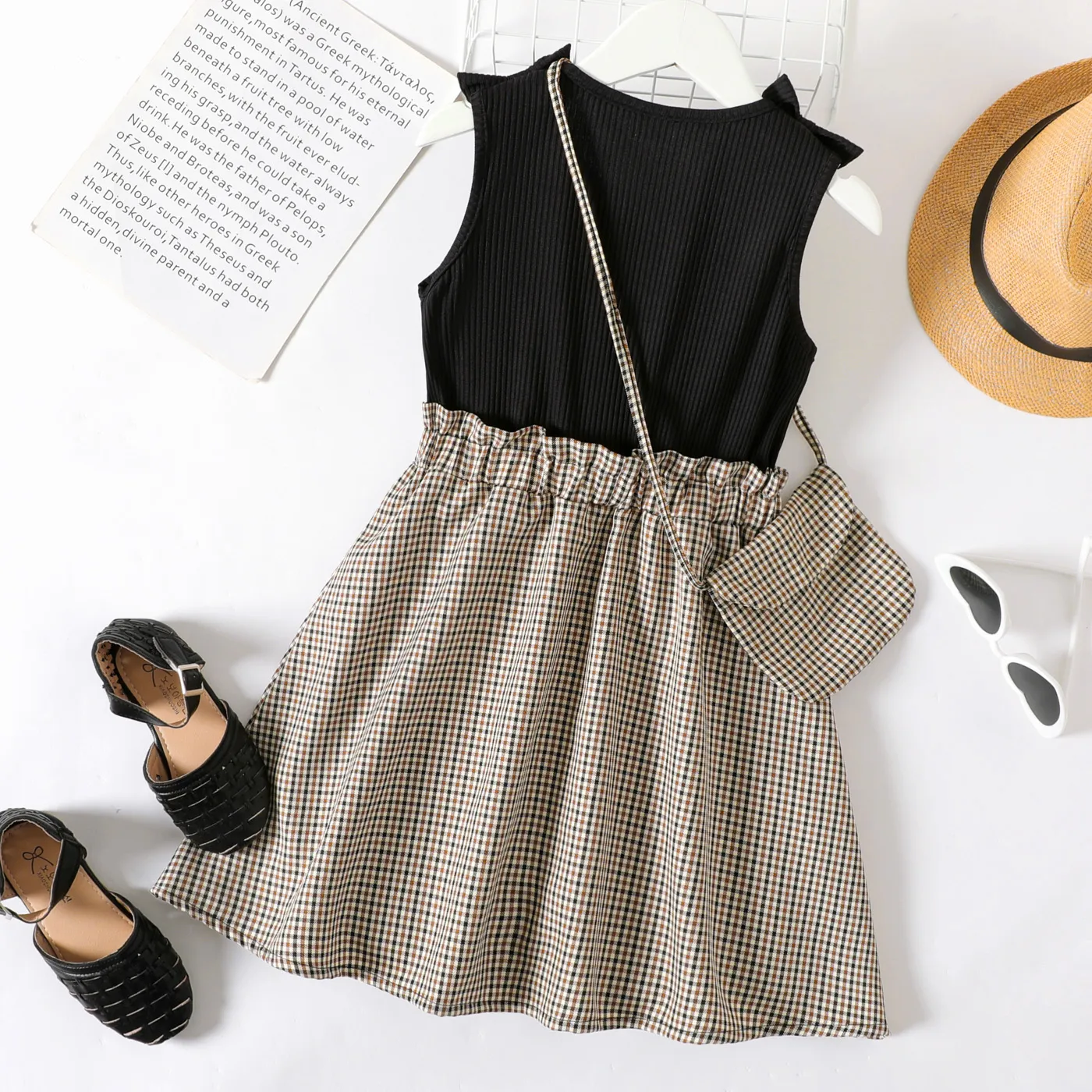 Kid Girl Plaid Ribbed Splice Button Design Sleeveless Dress Black image 5