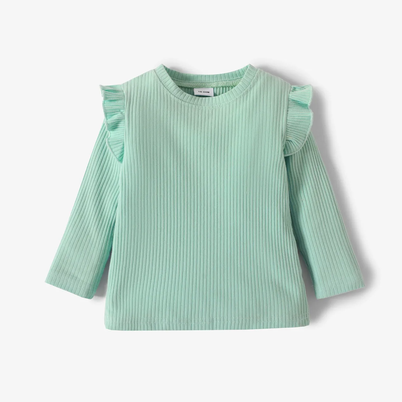 Toddler Girl Ruffled Casual Solid Ribbed Long-sleeve Top Light Green big image 1